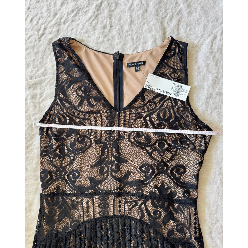 Elegant Warehouse Brand Pleated Lace Black Dress | UK 12 / US 8 | NWT