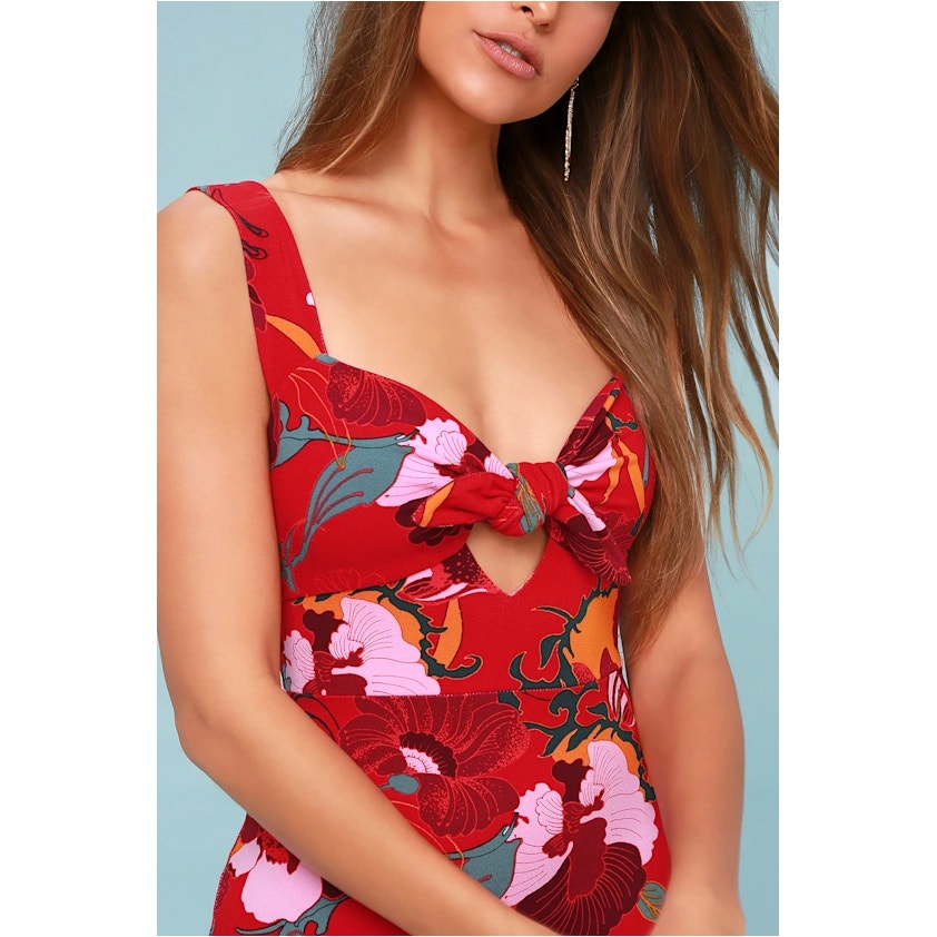 Free People Sweet Cherry Red Floral Print Bodycon Dress  | US M | Excellent Condition