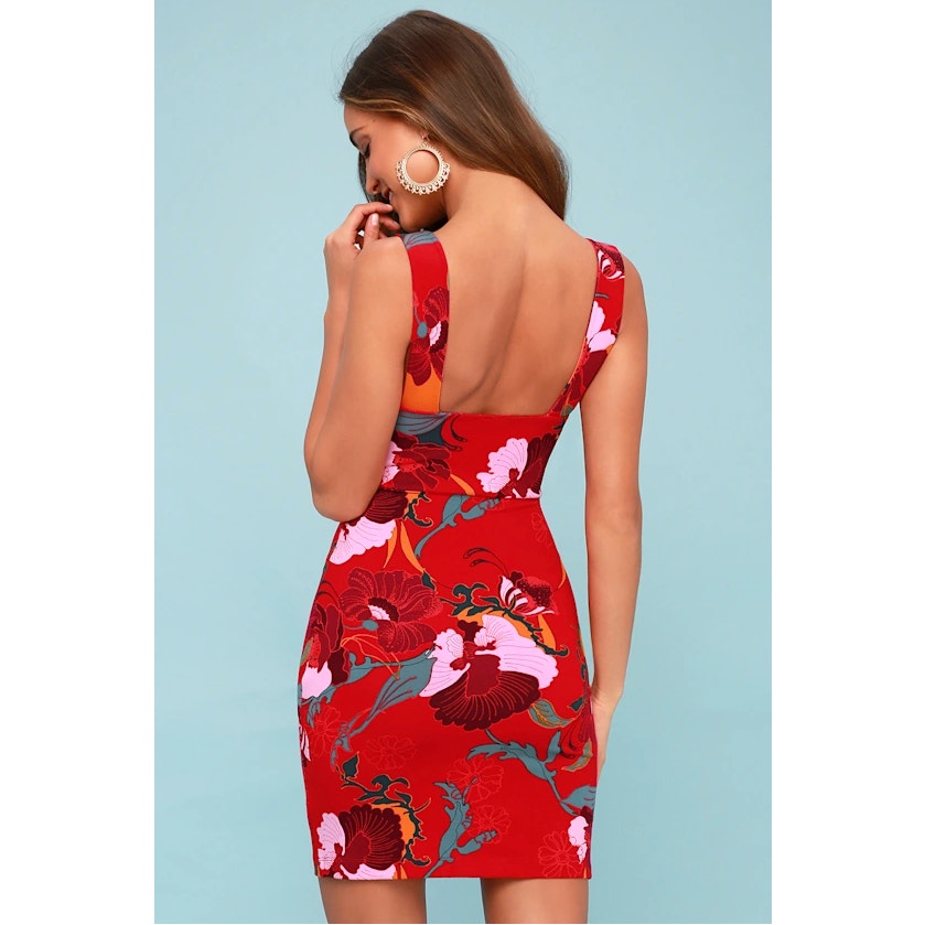 Free People Sweet Cherry Red Floral Print Bodycon Dress  | US M | Excellent Condition